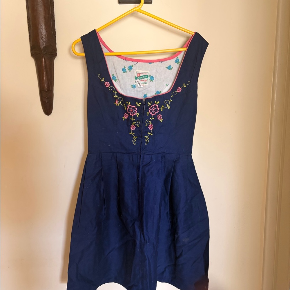 Girls Navy Floral-Embroidered Dirndl Dress